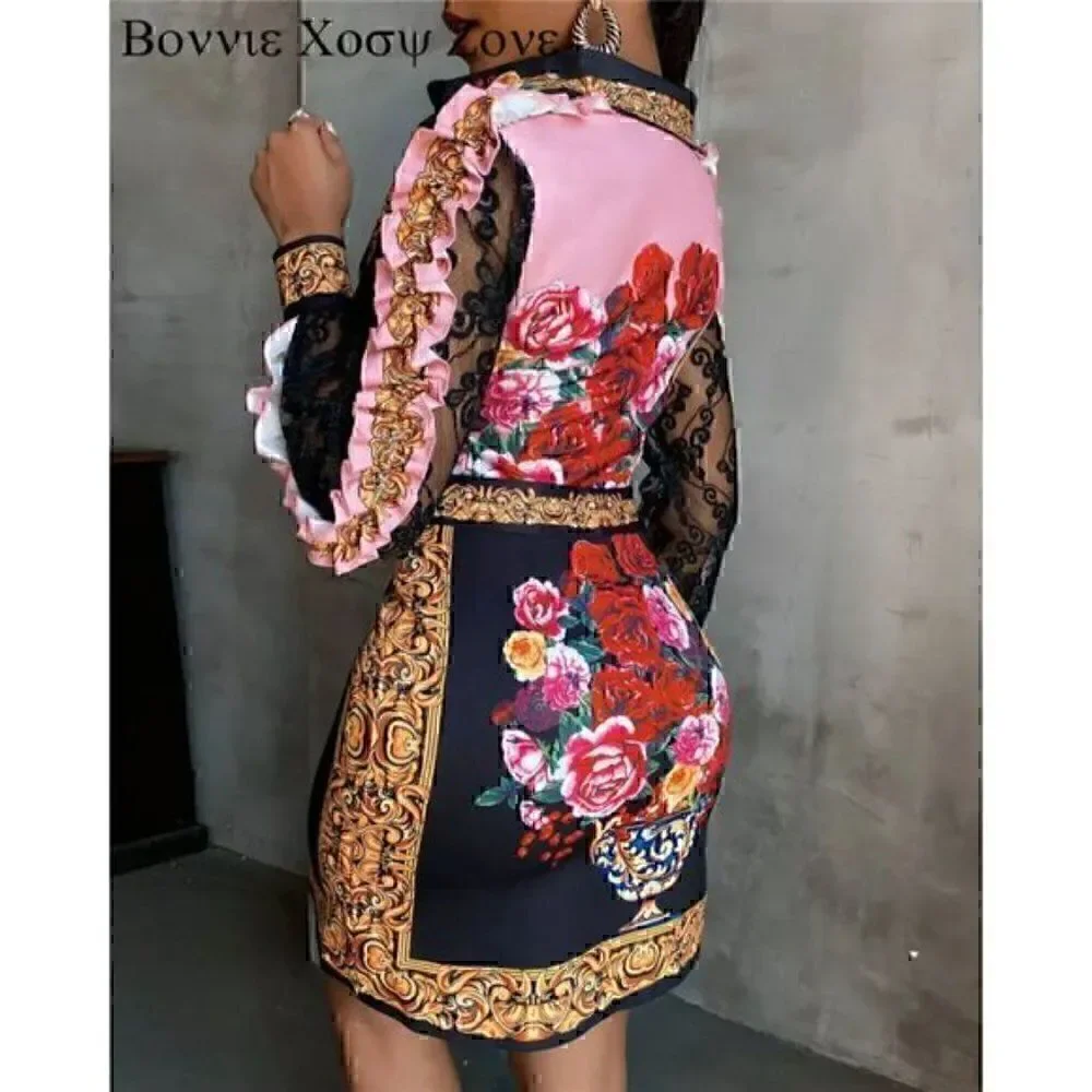 Vintage Floral Flower Collar Floral Print Lace Ruffles Top & Skirt XXL EURO